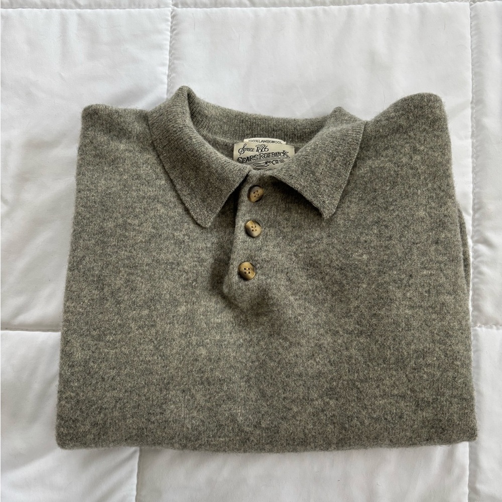 70s True Vintage 100% Lambswool Sears Roebuck and Co Light Gray Collared Sweater - Picture 12 of 12
